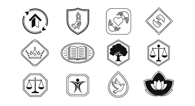 Spiritual and Justice Icon Set with Law Scales, Tree of Life, and Lotus