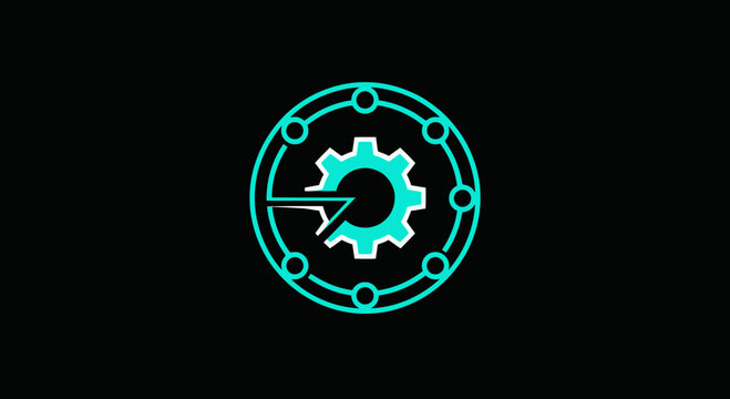 Abstract Technology Icon Featuring a Gear Symbol and Circular Arrows on Black Background