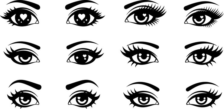 Collection of various feminine eye designs with heart reflections and long eyelashes for eps.