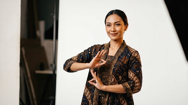 Smiling woman making hand signs in patterned traditional tunic
