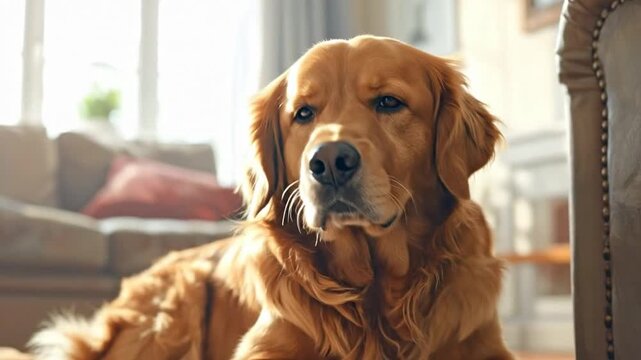 A fluffy, golden-haired canine rests peacefully on a soft, patterned rug