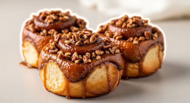 Close up of three sticky cinnamon rolls topped with caramel glaze and chopped pecans, sweet bakery dessert