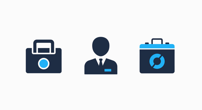 Business professional icon set featuring media photography portfolio case executive male employee profile avatar financial data analytics report briefcase with circular chart business suitcase