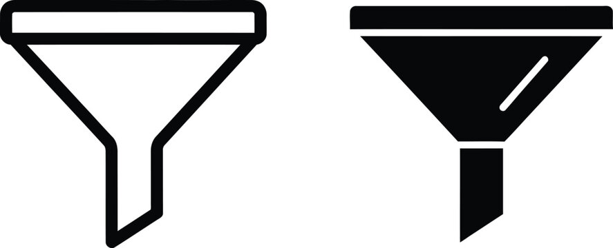 Two funnel icons displayed as a linear outline and a solid black silhouette for interface navigation