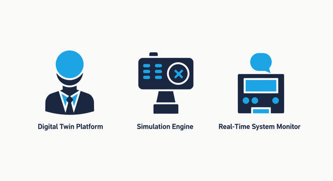 Industrial digital twin platform and simulation engine icon set for real-time system monitoring analysis automation and technical process optimization with platform simulation monitoring technology