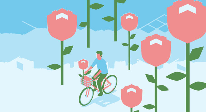 Man riding bicycle through giant pink roses in minimalist landscape