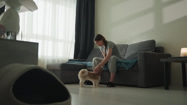 Pregnant caucasian woman playing with dog engaged interaction on sofa light streaming through curtain playful pats casual denim outfit expectant mother smiling domestic routine mixing joy tender