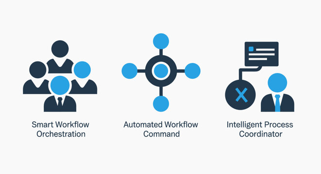 Software workflow orchestration and automated command icons depicting smart process coordination for optimized business technical operations and digital systems with workflow automation orchestratio