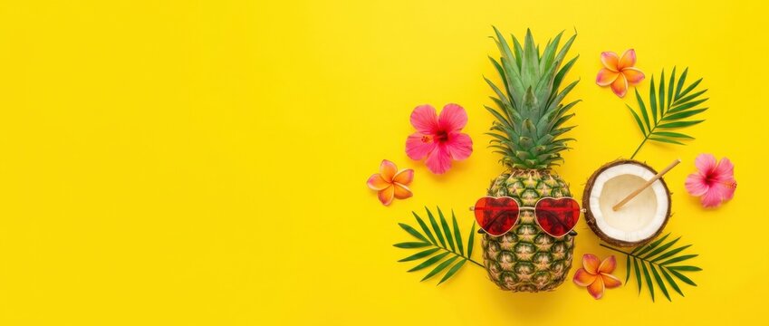 Tropical Summer Concept with Pineapple Wearing Sunglasses and Coconut Drink on Yellow Background.