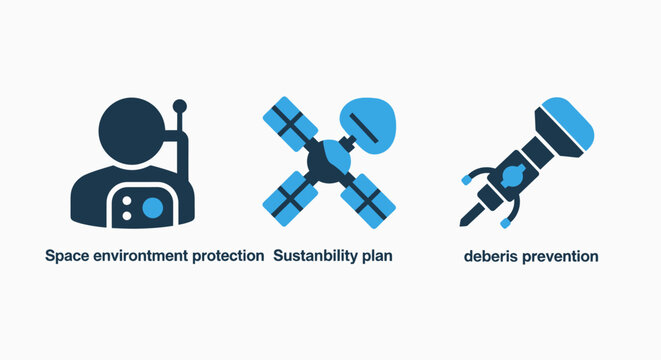 Space environment protection and orbital debris prevention icons with astronaut satellite and harpoon sustainability plan elements environment protection sustainability prevention satellite