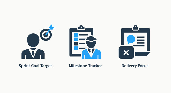 Agile project management icons for sprint goal target milestone tracker and delivery focus achievement in business environment with business management milestone delivery software development