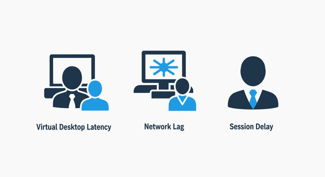 Technical performance icons illustrating virtual desktop latency network lag session delay for it infrastructure monitoring and connectivity troubleshooting computer performance technology