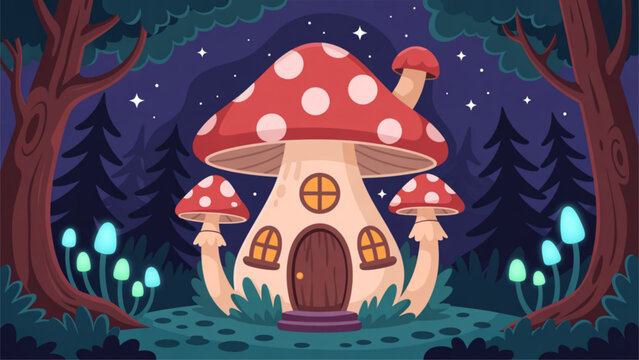 Whimsical mushroom house in enchanted forest