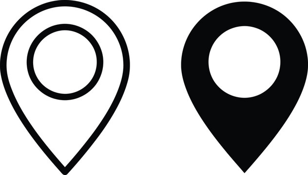 Two black map pin icons showing outline and solid fill styles for navigation and location tracking