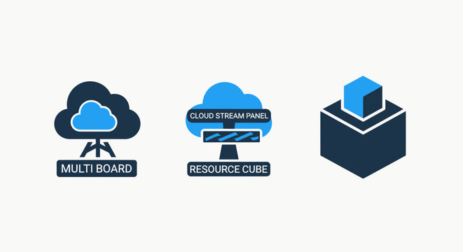 Cloud computing and digital resource management icon collection featuring multi board infrastructure and isometric storage cube symbols computing resource management technology information