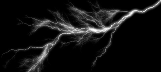 Intense jagged white lightning bolt striking across dark black sky, abstract electric discharge, science and nature concept, energy boom, bright flash of illumination. © Nusrat
