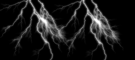 Two jagged white lightning bolts striking across dark black background, abstract electric discharge, science and nature concept, energy boom, bright flash of illumination. © Nusrat