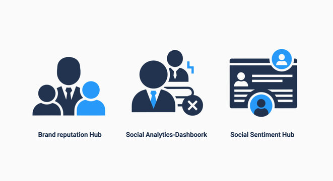 Set of social media brand reputation and analytics dashboard icons with reputation analytics dashboard sentiment business marketing analysis management strategy communication illustration