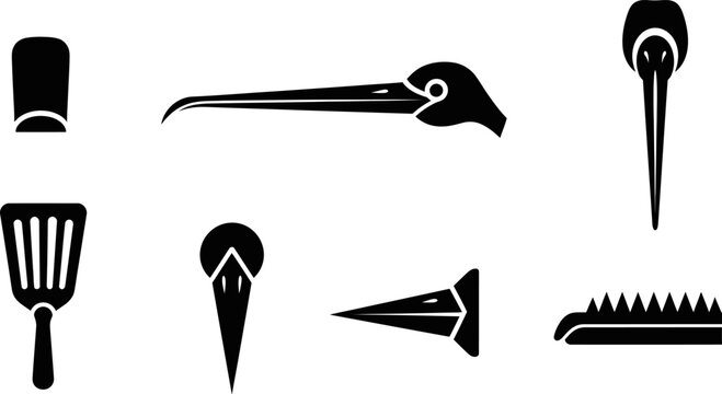Pelican head silhouette and kitchen spatula utensil icons set eps vector flat illustration.