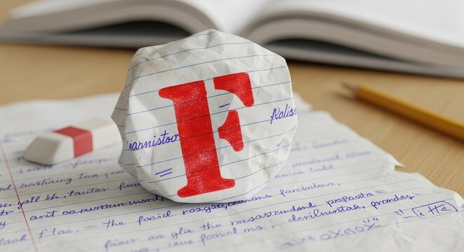 Failed Grade F Crumpled Paper on Test with Pencil.