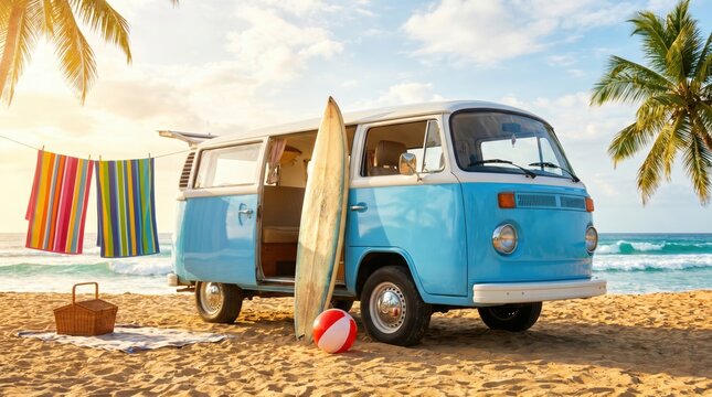Vintage Blue Van on a Tropical Beach with Surfboard and Laundry.