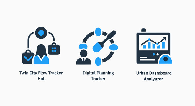 Digital tracking and planning icon set for data management with tracking planning analytics dashboard business management software strategy workflow visualization information monitoring