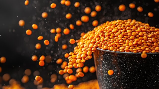 Lentil scatter motion orange lentils overflowing from speckled measuring cup dynamic splash dark background culinary ingredient movement
