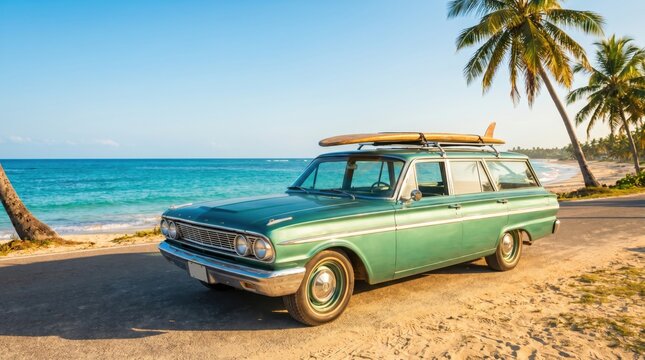 Vintage Green Station Wagon with Surfboards on a Tropical Beach by the Ocean.