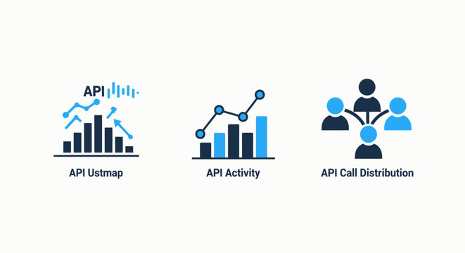 Set of api usage data and performance monitoring icons for software development with activity distribution monitoring software performance analytics development programming interface business