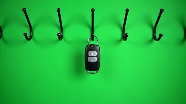 Car Remote Key Hanging on Black Hook Row against Vibrant Green Background Green Screen Isolated