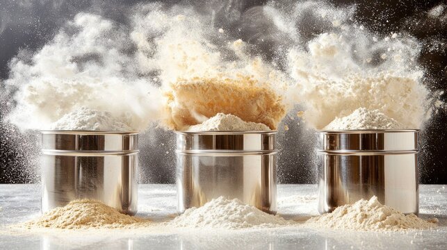 Flour sift cloud varieties colored distinct clouds bursting through metal sifters white golden pale dramatic intersection blending dynamic culinary explosion