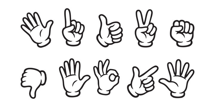 Cartoon hand gestures set with gloves and black outlines.