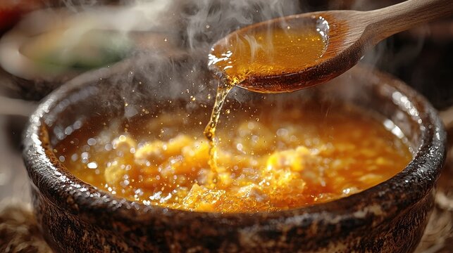 Broth ladling bowl wooden ladle pouring golden chicken broth into rustic ceramic bowl with steam rising and liquid droplets frozen in motion dynamic culinary action
