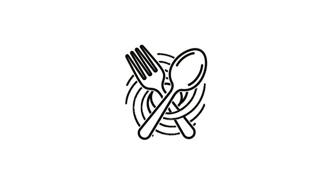 Black And White Cutlery Symbol With Swirls And White Background, Editorial Illustration