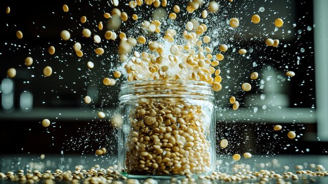 Lentil scatter motion yellow lentils bursting upward glass jar mid-air freeze frame dynamic lighting professional food photography modern kitchen