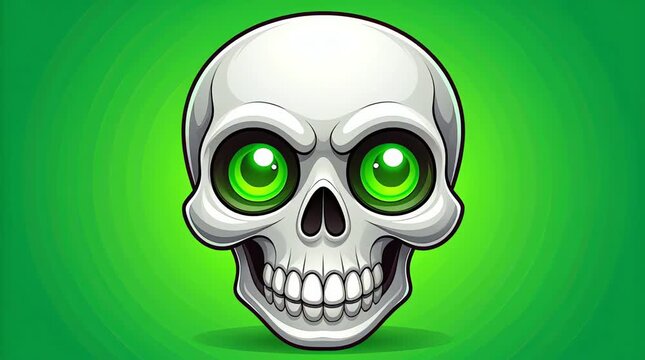 A cartoon illustration of a white skull with green eyes on a green background