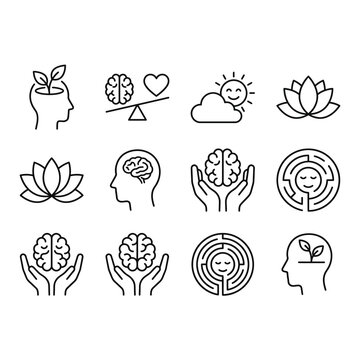 Minimalist line icons for mental health awareness and spiritual meditation practices.