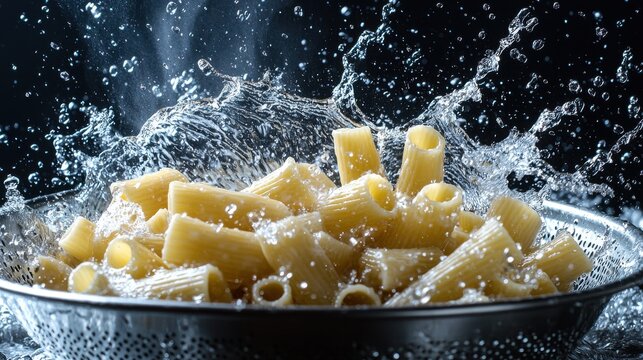 Colander draining pasta rigatoni pieces water splash dramatic motion commercial kitchen energy food photography