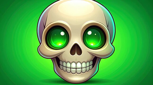 A cartoon skull with green glowing eyes smiles eerily in a digital illustration.