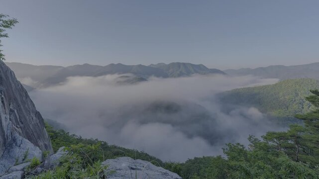 봉화 삼동재 호랑이바위 아침 안개 HDR 타임랩스, 여름 낙동강 위 물안개