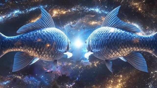 Two fantasy fish swimming in a cosmic with sparkling stars and lights