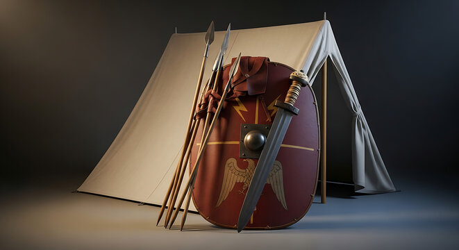 Roman legionary equipment, including a gladius sword, pilum spears, and scutum shield, displayed in front of a military tent, historical reenactment, ancient warfare concept