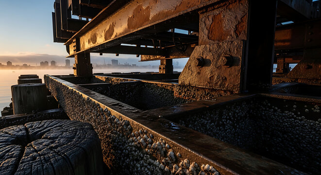 Weathered industrial pier structure with rusty metal beams and barnacles at sunrise, overlooking a misty cityscape