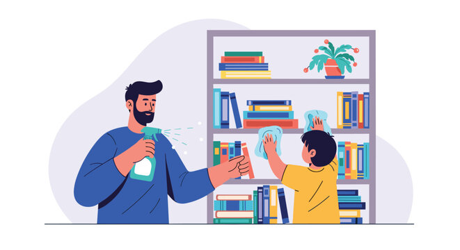 Caring father using spray bottle while son wipes shelves with a cloth for family housework and cleaning routine.