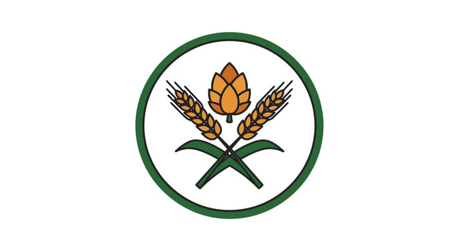 Brewery Symbol Featuring Hop and Wheat Stalks Inside A Green Circle Design