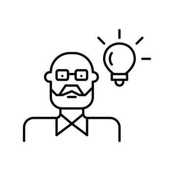 Middle-aged man avatar with light bulb. Lifelong learning and innovation. Pixel perfect, editable stroke vector icon
