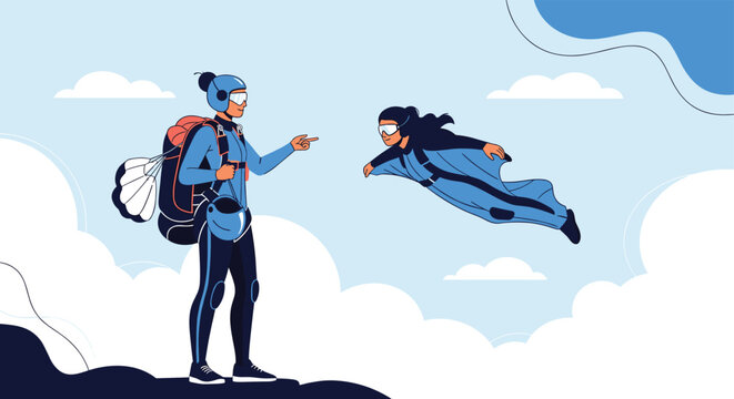 Professional skydiving instructor guides student in blue wingsuit during high-altitude flight above clouds for extreme sport training.