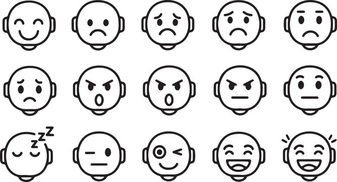 Chatbot and AI assistant emoji set featuring various facial expressions.