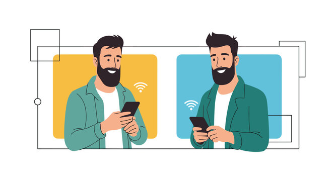 Bearded men communicate using mobile phones and wireless internet connection while standing against colorful geometric backgrounds.