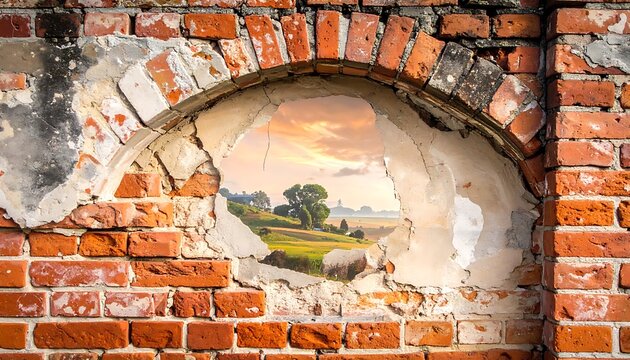 A serene landscape through a broken brick archway